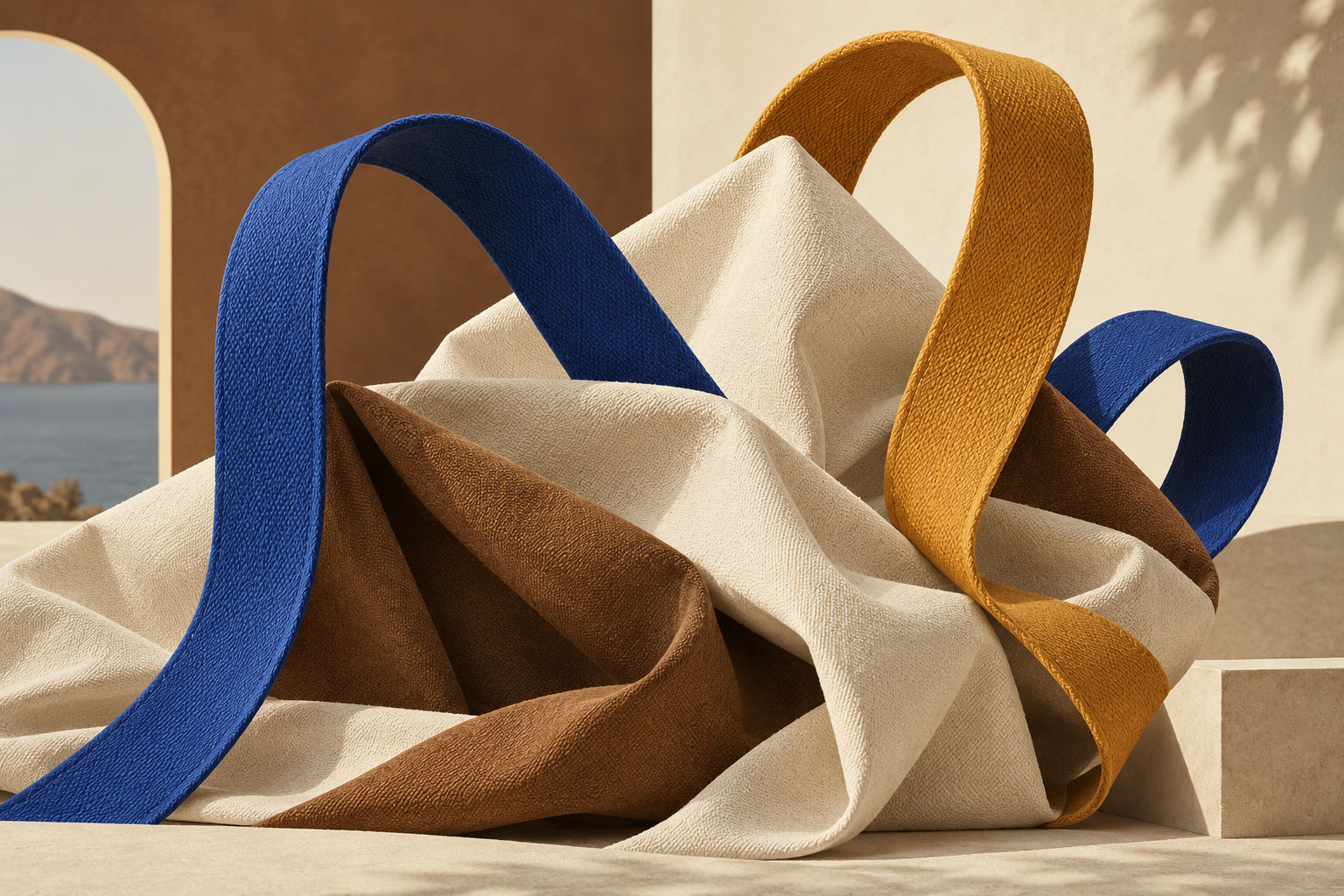 abstract folded canvas fabric and oversized colourful looping handles as conceptual sculpture, warm ochre cobalt and cream, no finished bag
